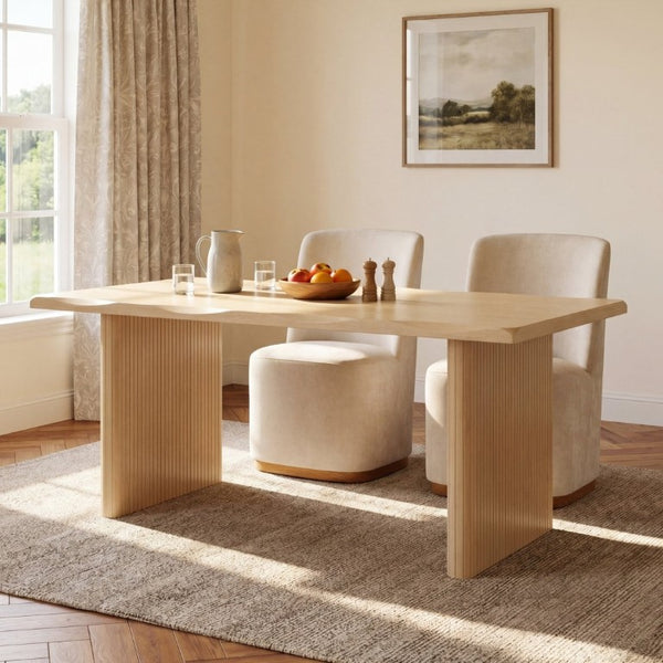 English Elm Natural Oak Veneer Dining Table with Scalloped Edge and Fluted Rubberwood Legs Seats Six N779P396021T_N779P396019L