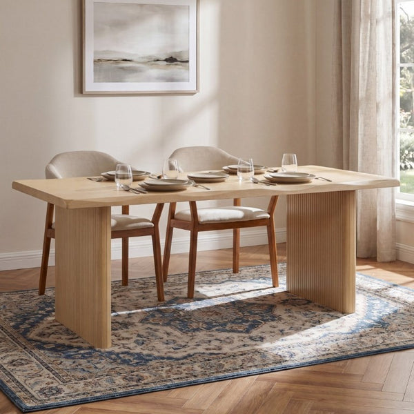 English Elm Natural Oak Veneer Dining Table with Scalloped Edge and Fluted Rubberwood Legs Seats Six N779P396021T_N779P396019L