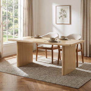 English Elm Natural Oak Veneer Dining Table with Scalloped Edge and Fluted Rubberwood Legs Seats Six N779P396021T_N779P396019L