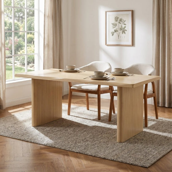 English Elm Natural Oak Veneer Dining Table with Scalloped Edge and Fluted Rubberwood Legs Seats Six N779P396021T_N779P396019L