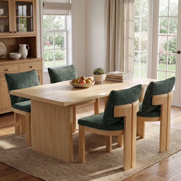 English Elm 5-Piece Fluted Rubberwood Dining Set with Oak Veneer Table and Green Boucle Armchairs N779P396021T_N779P396019L_N779P379862G-2