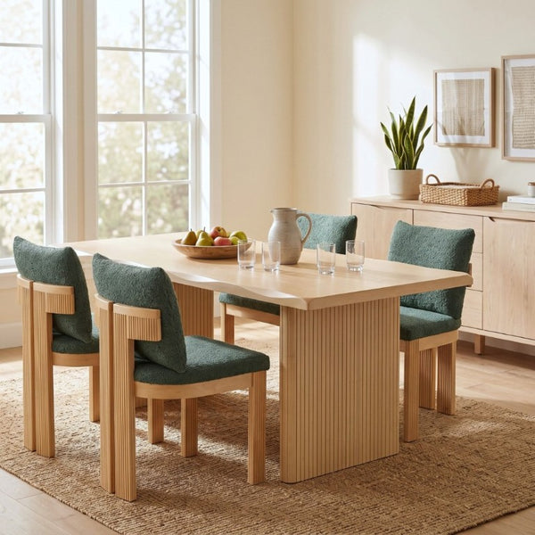 English Elm 5-Piece Fluted Rubberwood Dining Set with Oak Veneer Table and Green Boucle Armchairs N779P396021T_N779P396019L_N779P379862G-2
