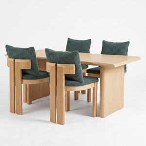 English Elm 5-Piece Fluted Rubberwood Dining Set with Oak Veneer Table and Green Boucle Armchairs N779P396021T_N779P396019L_N779P379862G-2