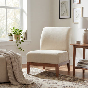 English Elm Modern Slipper Chair Beige Fabric Upholstered Walnut Legs Mid-century Living Room Seat N779P396231B