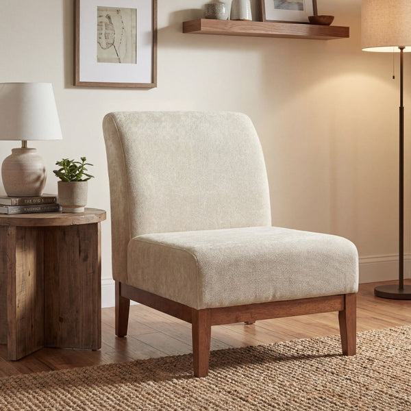 English Elm Modern Slipper Chair Beige Fabric Upholstered Walnut Legs Mid-century Living Room Seat N779P396231B