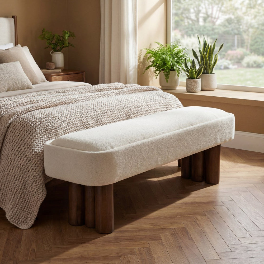 English Elm Indoor Foam Padded Upholstered Bench Walnut Legs Beige Fabric Dining Kitchen Seating N779P410498B