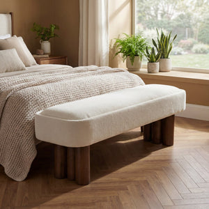 English Elm Indoor Foam Padded Upholstered Bench Walnut Legs Beige Fabric Dining Kitchen Seating N779P410498B