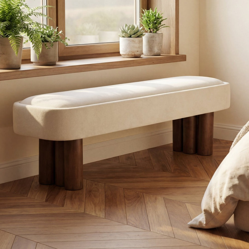English Elm Indoor Foam Padded Upholstered Bench Walnut Legs Beige Fabric Dining Kitchen Seating N779P410498B