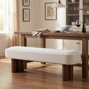English Elm Indoor Foam Padded Upholstered Bench Walnut Legs Beige Fabric Dining Kitchen Seating N779P410498B
