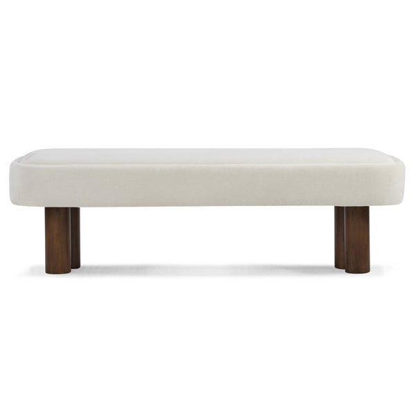 English Elm Indoor Foam Padded Upholstered Bench Walnut Legs Beige Fabric Dining Kitchen Seating N779P410498B