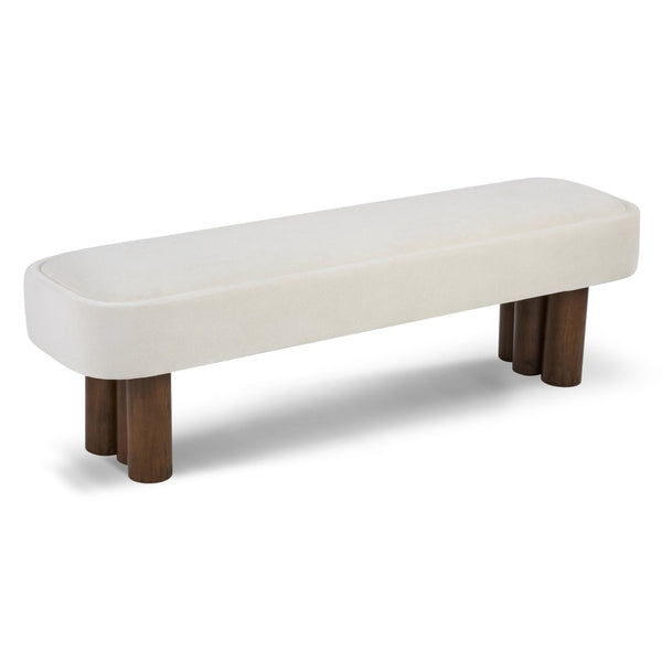 English Elm Indoor Foam Padded Upholstered Bench Walnut Legs Beige Fabric Dining Kitchen Seating N779P410498B