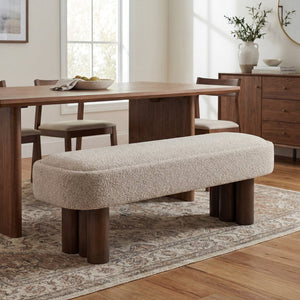 English Elm Indoor Boucle Upholstered Dining Bench with Walnut Legs Farmhouse Kitchen Seating N779P410498K