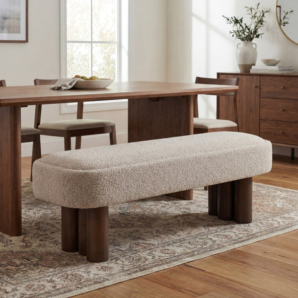 English Elm Indoor Boucle Upholstered Dining Bench with Walnut Legs Farmhouse Kitchen Seating N779P410498K