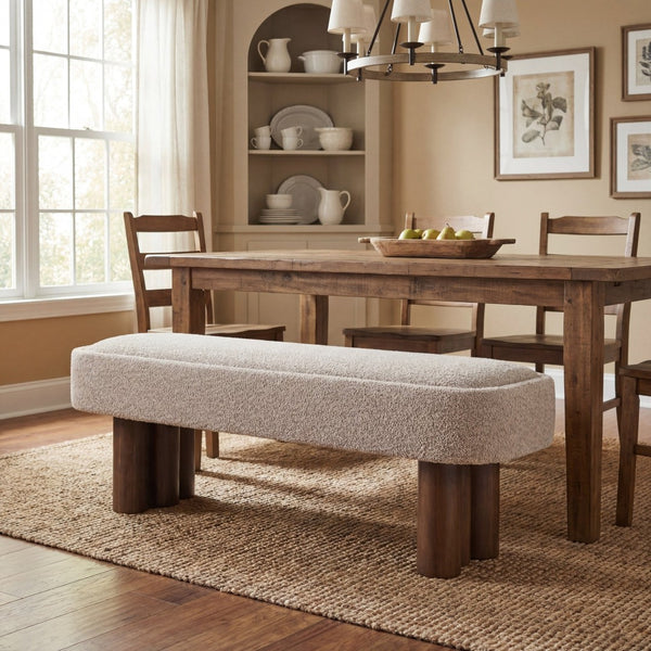 English Elm Indoor Boucle Upholstered Dining Bench with Walnut Legs Farmhouse Kitchen Seating N779P410498K