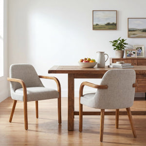 English Elm Set of 2 Mid-Century Upholstered Armchairs Beige Fabric Rubberwood Legs Dining N779P423792B