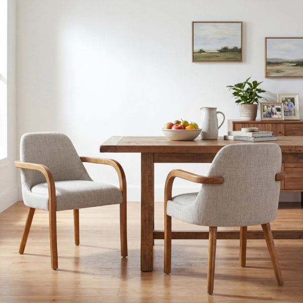 English Elm Set of 2 Mid-Century Upholstered Armchairs Beige Fabric Rubberwood Legs Dining N779P423792B