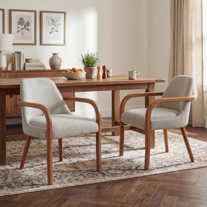 English Elm Set of 2 Mid-Century Upholstered Armchairs Beige Fabric Rubberwood Legs Dining N779P423792B