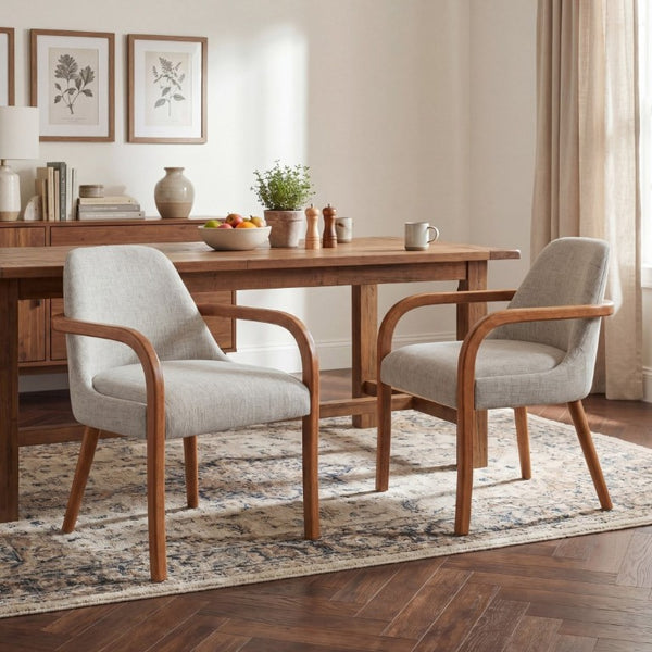 English Elm Set of 2 Mid-Century Upholstered Armchairs Beige Fabric Rubberwood Legs Dining N779P423792B