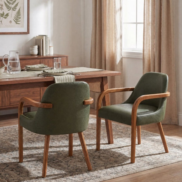 English Elm Set of 2 Mid-Century Modern PU Leather Dining Armchairs with Rubberwood Tapered Legs Green N779P423792G
