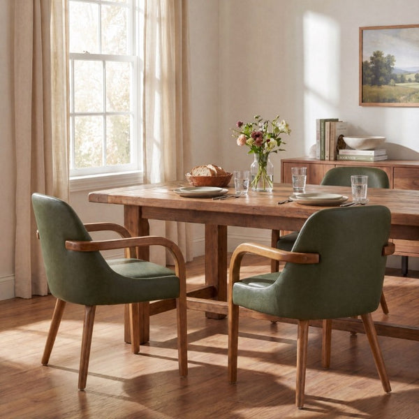 English Elm Set of 2 Mid-Century Modern PU Leather Dining Armchairs with Rubberwood Tapered Legs Green N779P423792G