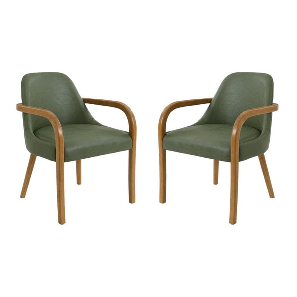 English Elm Set of 2 Mid-Century Modern PU Leather Dining Armchairs with Rubberwood Tapered Legs Green N779P423792G