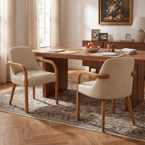 English Elm Set of 2 Mid-Century Modern PU Leather Dining Armchairs with Rubberwood Tapered Legs Khaki N779P423792K
