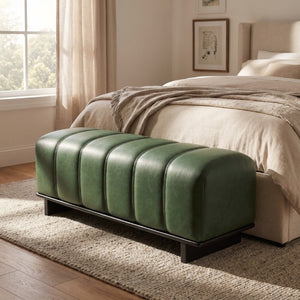 English Elm Indoor Channel Tufted Green PU Leather Bench with Sturdy Wood Frame for Dining Spaces N779P428986G