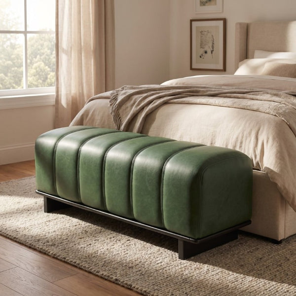 English Elm Indoor Channel Tufted Green PU Leather Bench with Sturdy Wood Frame for Dining Spaces N779P428986G