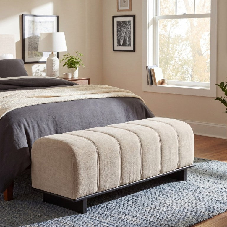English Elm Indoor Channel Tufted Chenille Dining Bench with Rubberwood Frame for Entryway or Bedroom N779P428986O