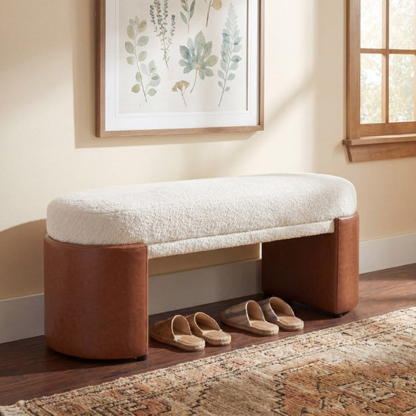 English Elm Beige Boucle Upholstered Dining Bench with Brown PU Legs Modern Sculptural Seat N779P428987B