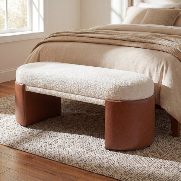 English Elm Beige Boucle Upholstered Dining Bench with Brown PU Legs Modern Sculptural Seat N779P428987B