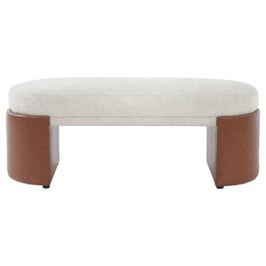 English Elm Beige Boucle Upholstered Dining Bench with Brown PU Legs Modern Sculptural Seat N779P428987B