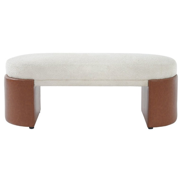 English Elm Beige Boucle Upholstered Dining Bench with Brown PU Legs Modern Sculptural Seat N779P428987B