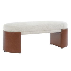 English Elm Beige Boucle Upholstered Dining Bench with Brown PU Legs Modern Sculptural Seat N779P428987B