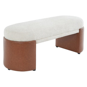 English Elm Beige Boucle Upholstered Dining Bench with Brown PU Legs Modern Sculptural Seat N779P428987B