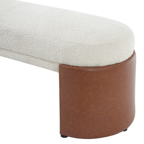 English Elm Beige Boucle Upholstered Dining Bench with Brown PU Legs Modern Sculptural Seat N779P428987B