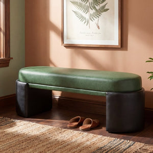 English Elm Green Two-Tone PU Upholstered Dining Bench Mid-Century Rubberwood Frame Seat N779P428987G