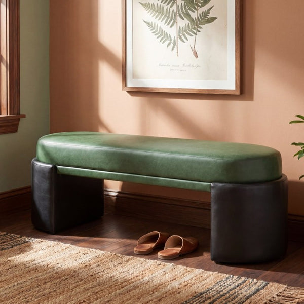 English Elm Green Two-Tone PU Upholstered Dining Bench Mid-Century Rubberwood Frame Seat N779P428987G
