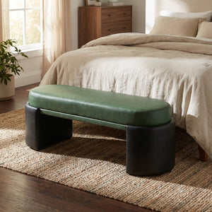 English Elm Green Two-Tone PU Upholstered Dining Bench Mid-Century Rubberwood Frame Seat N779P428987G