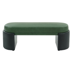 English Elm Green Two-Tone PU Upholstered Dining Bench Mid-Century Rubberwood Frame Seat N779P428987G