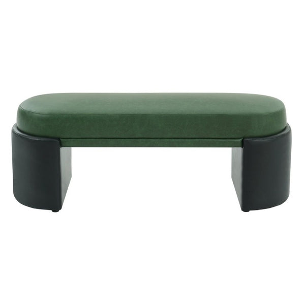 English Elm Green Two-Tone PU Upholstered Dining Bench Mid-Century Rubberwood Frame Seat N779P428987G
