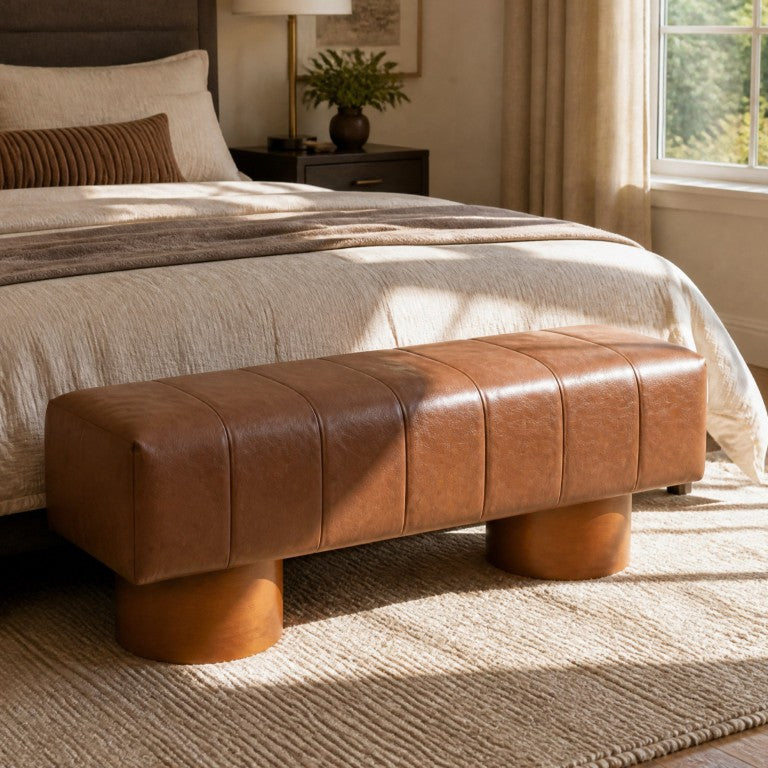 English Elm Brown PU Channel Tufted Dining Bench with Rubberwood Legs Versatile Modern Accent Seat N779P428990B