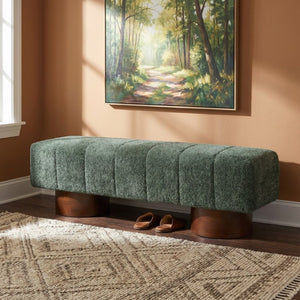 English Elm Green Boucle Channel Tufted Dining Bench with Rubberwood Legs for Modern Interiors N779P428990G