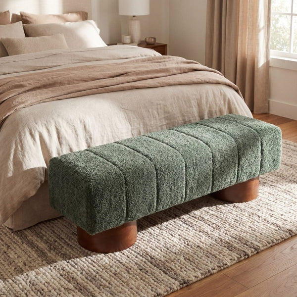 English Elm Green Boucle Channel Tufted Dining Bench with Rubberwood Legs for Modern Interiors N779P428990G