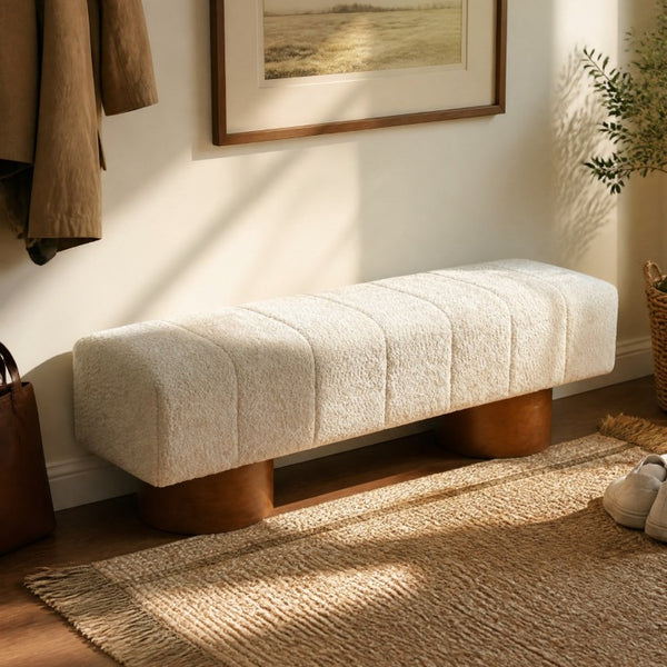 English Elm Beige Boucle Channel Tufted Dining Bench with Rubberwood Legs for Modern Interiors N779P428990M
