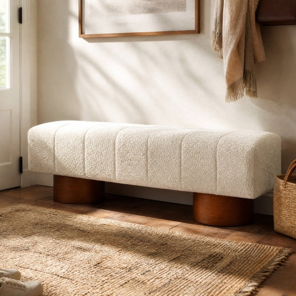 English Elm Beige Boucle Channel Tufted Dining Bench with Rubberwood Legs for Modern Interiors N779P428990M