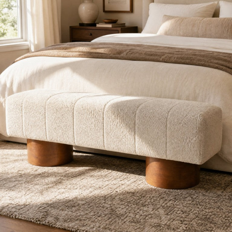 English Elm Beige Boucle Channel Tufted Dining Bench with Rubberwood Legs for Modern Interiors N779P428990M
