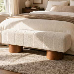 English Elm Beige Boucle Channel Tufted Dining Bench with Rubberwood Legs for Modern Interiors N779P428990M