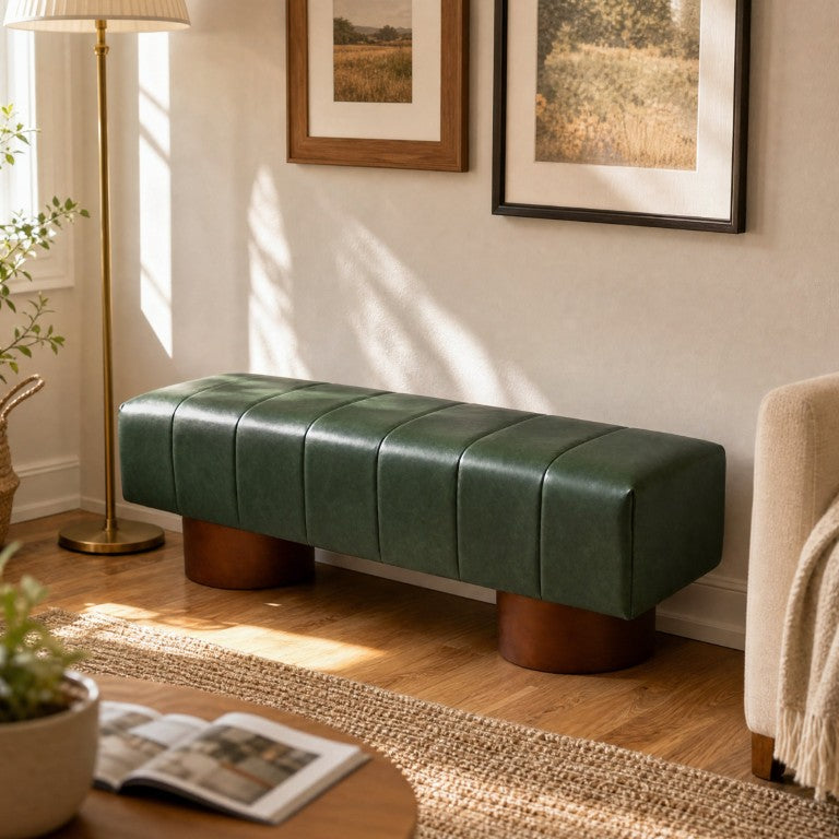 English Elm Green Channel Tufted PU Upholstered Dining Bench with Rubberwood Legs for Entryway N779P428990P