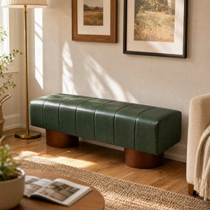 English Elm Green Channel Tufted PU Upholstered Dining Bench with Rubberwood Legs for Entryway N779P428990P